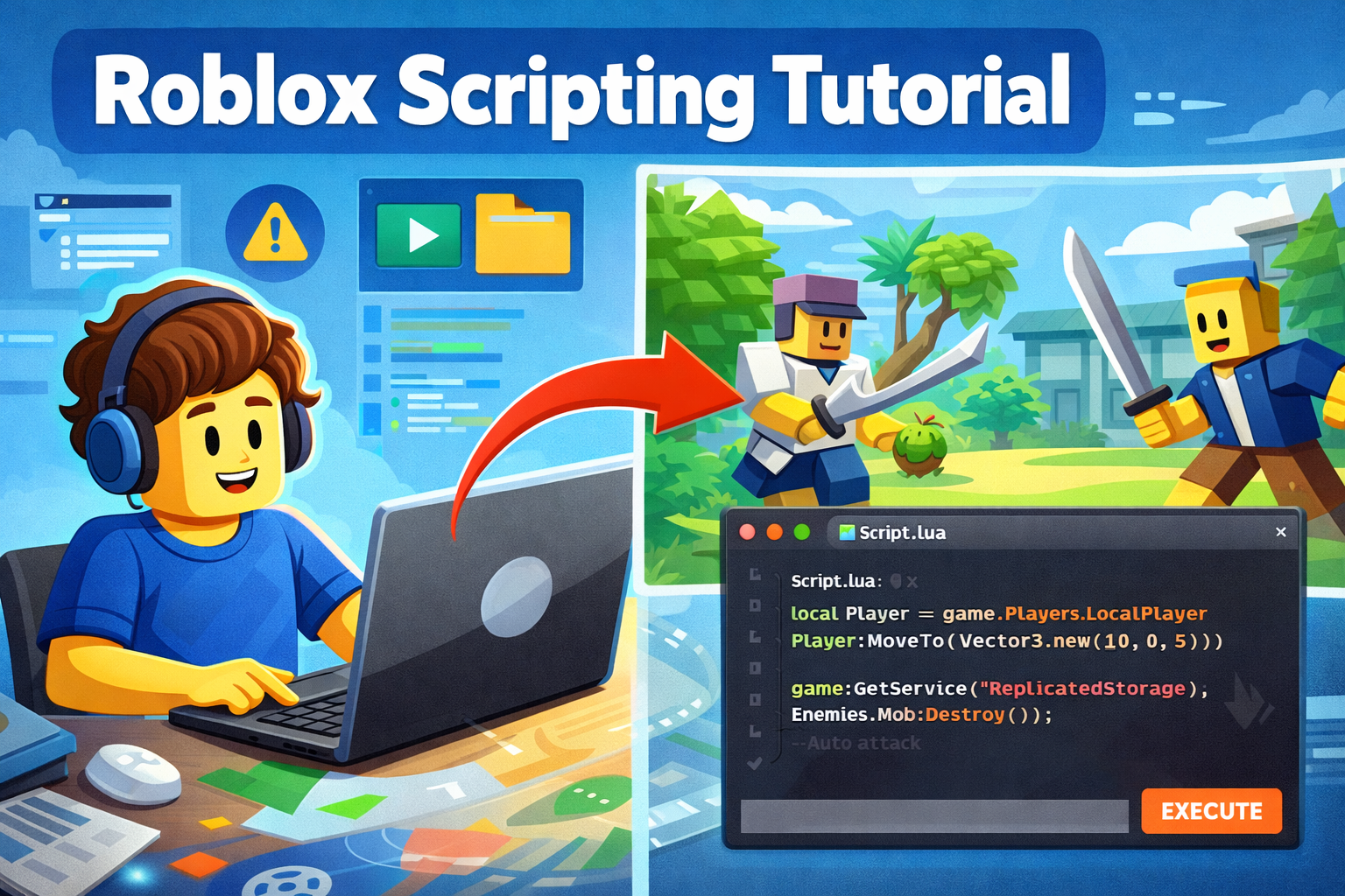 Roblox scripting tutorial illustration showing code editor and Roblox gameplay environment